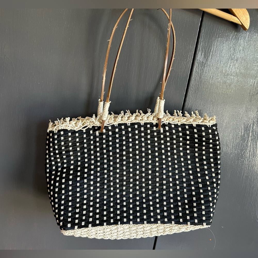 Woven Black & Cream Straw Tote Bag with Leather Handles